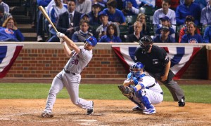 Oct 21, 2015; Chicago, IL, USA; New York Mets second baseman Daniel Murphy hits a two-run home run against the Chicago Cubs in the 8th inning in game four of the NLCS at Wrigley Field. Mandatory Credit: Caylor Arnold-USA TODAY Sports ORG XMIT: USATSI-245774 ORIG FILE ID:  20151021_jel_ca2_052.jpg
